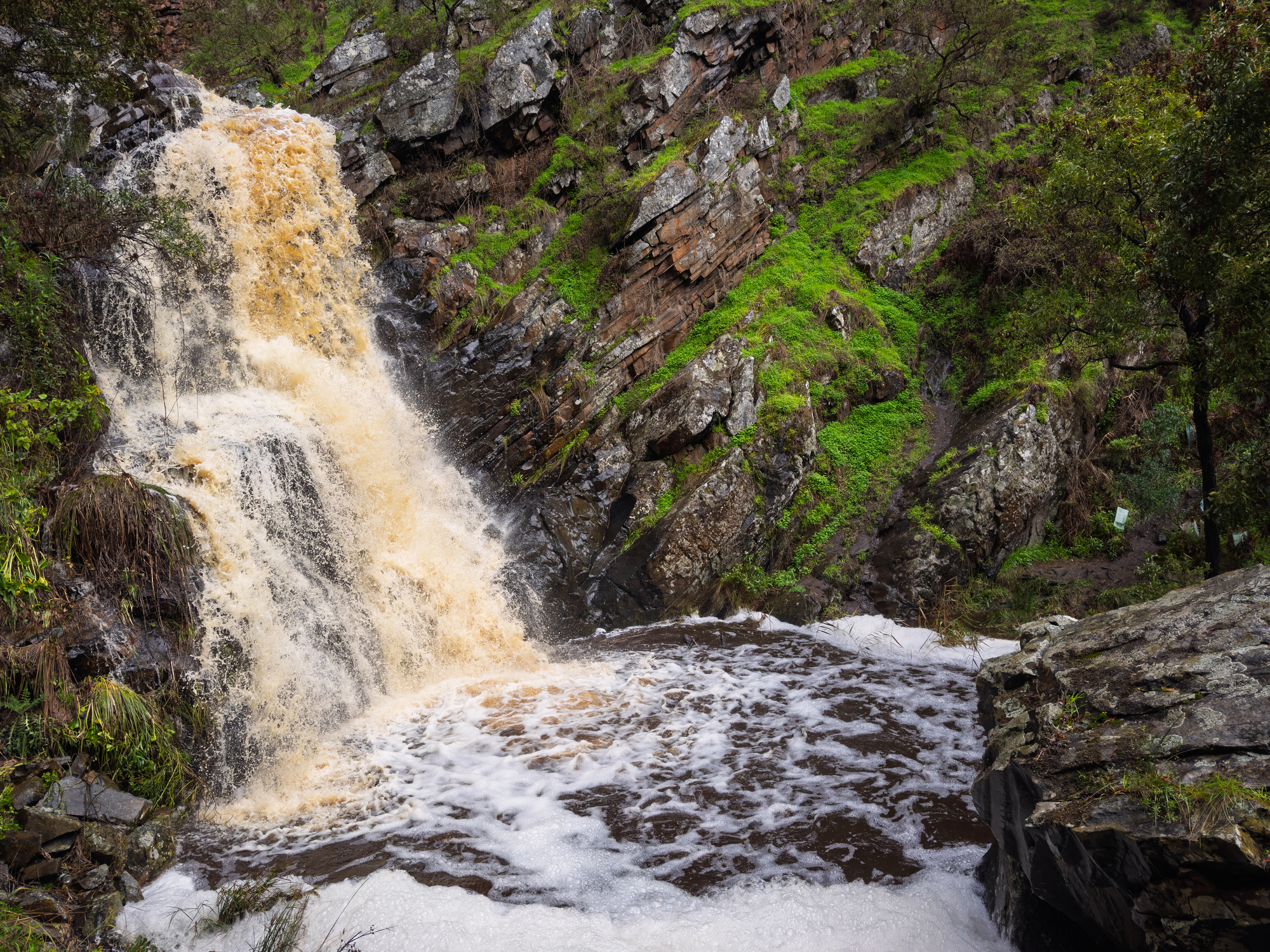 Ingalalla Falls waterfall in Hay Flat on the Fleurieu Peninsula, South Australia during high winter flow